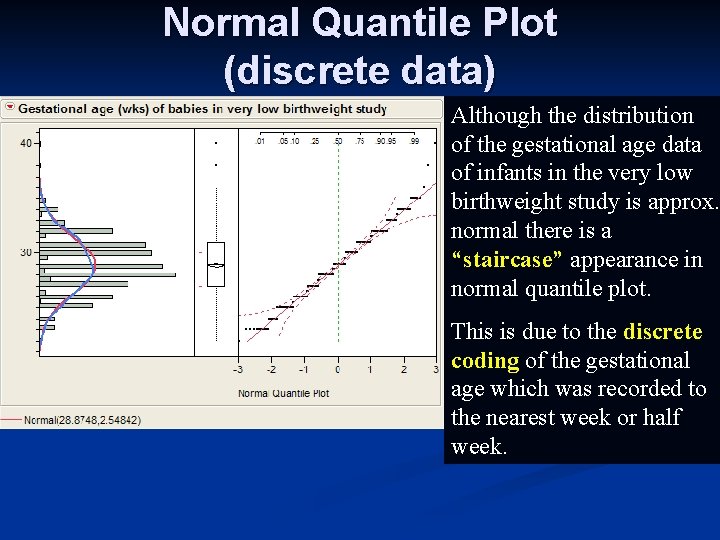 Normal Quantile Plot (discrete data) Although the distribution of the gestational age data of