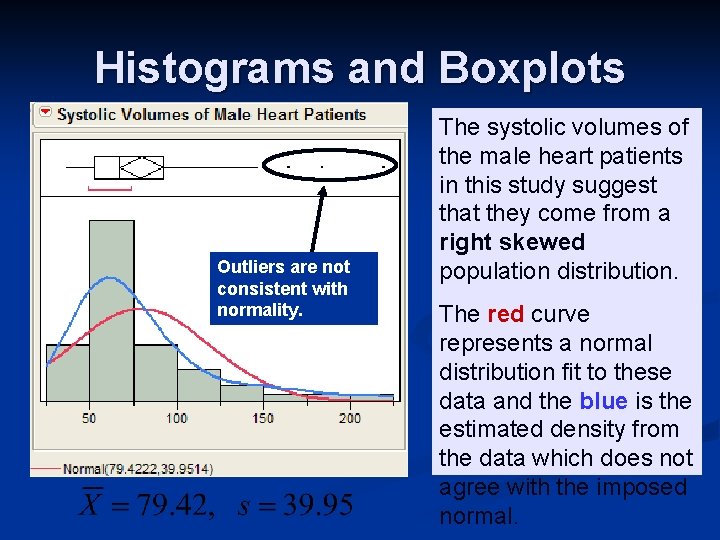 Histograms and Boxplots Outliers are not consistent with normality. The systolic volumes of the