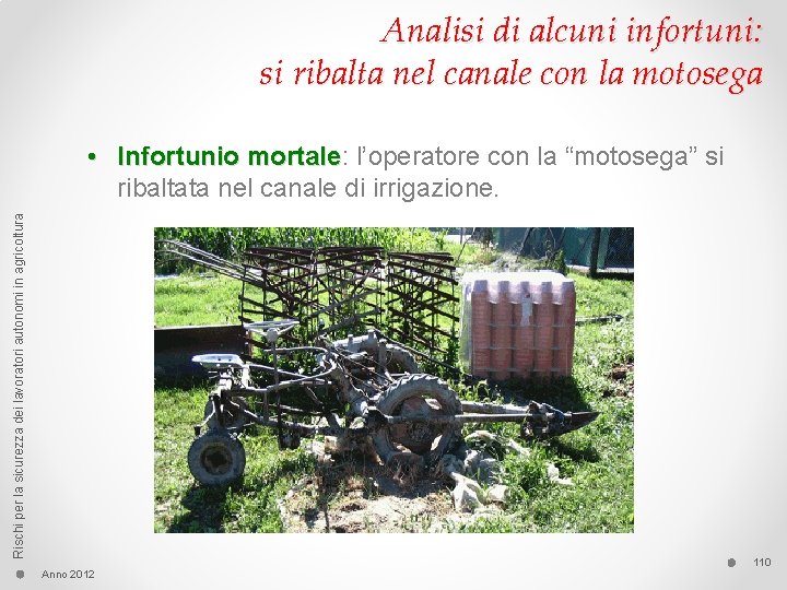 Analisi di alcuni infortuni: si ribalta nel canale con la motosega Rischi per la