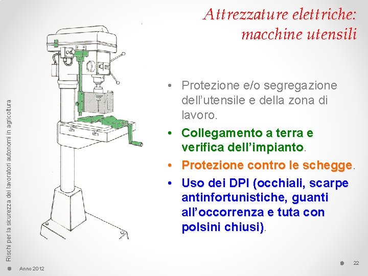 Attrezzature elettriche: macchine utensili Rischi per la sicurezza dei lavoratori autonomi in agricoltura •