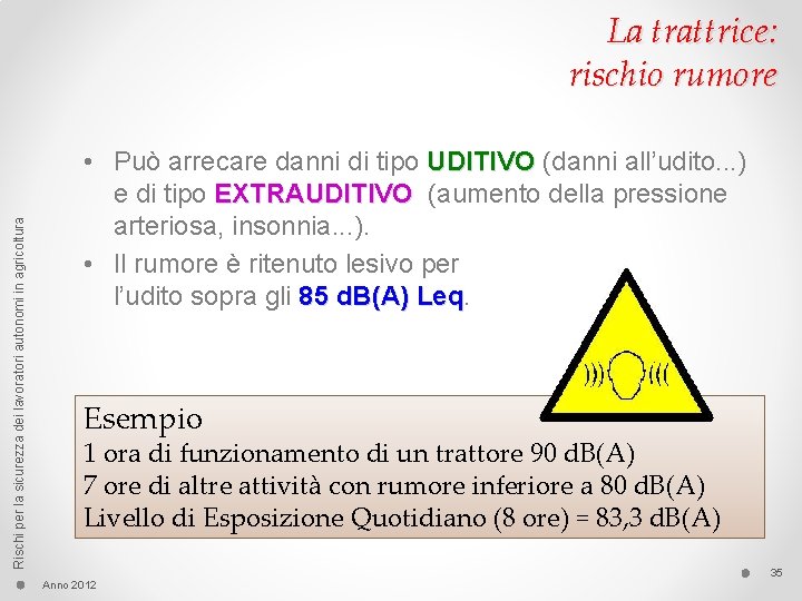 Rischi per la sicurezza dei lavoratori autonomi in agricoltura La trattrice: rischio rumore •