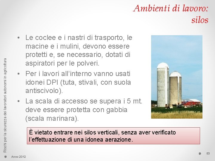 Rischi per la sicurezza dei lavoratori autonomi in agricoltura Ambienti di lavoro: silos •