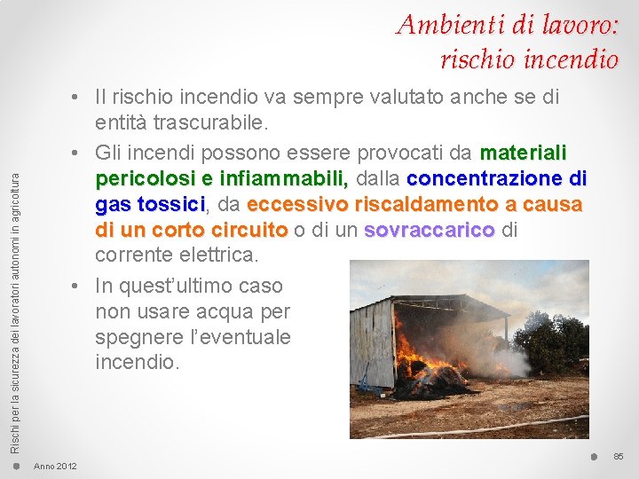 Rischi per la sicurezza dei lavoratori autonomi in agricoltura Ambienti di lavoro: rischio incendio