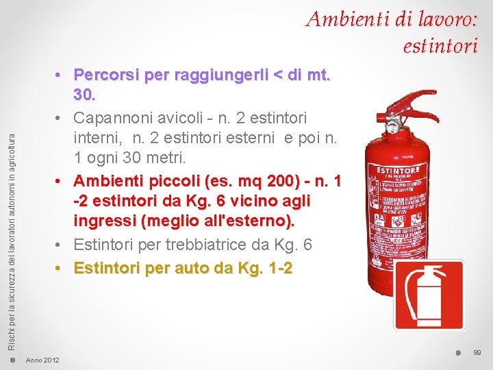 Rischi per la sicurezza dei lavoratori autonomi in agricoltura Ambienti di lavoro: estintori •