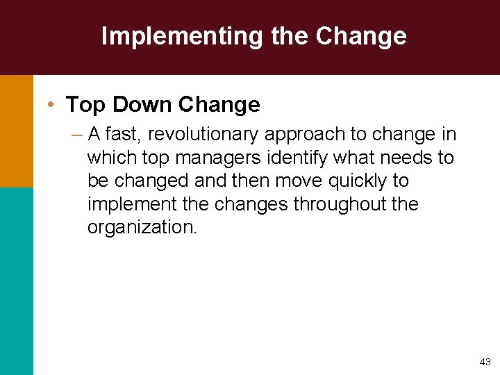 Implementing the Change • Top Down Change – A fast, revolutionary approach to change