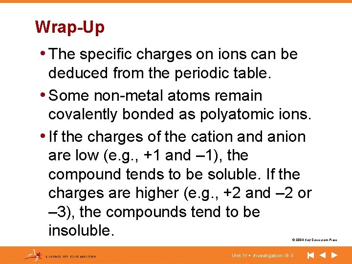 Wrap-Up • The specific charges on ions can be deduced from the periodic table.