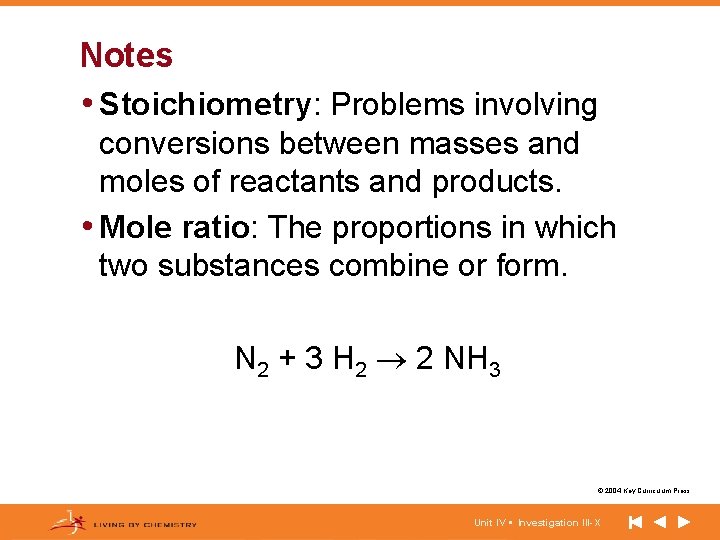 Notes • Stoichiometry: Problems involving conversions between masses and moles of reactants and products.