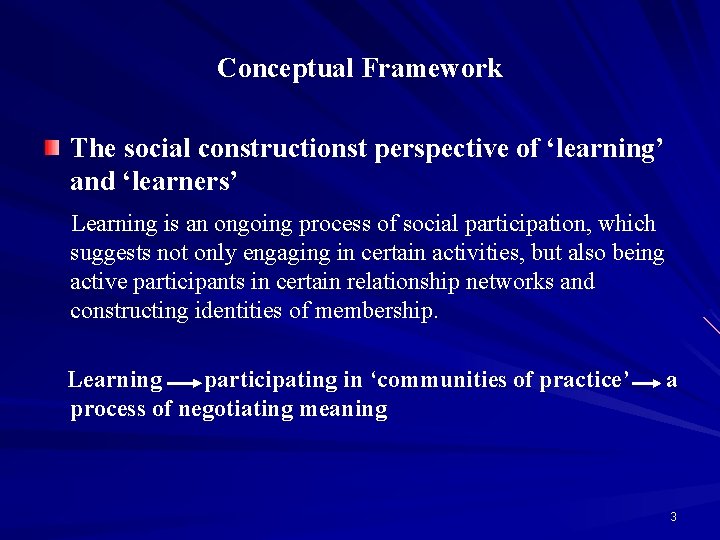 Conceptual Framework The social constructionst perspective of ‘learning’ and ‘learners’ Learning is an ongoing