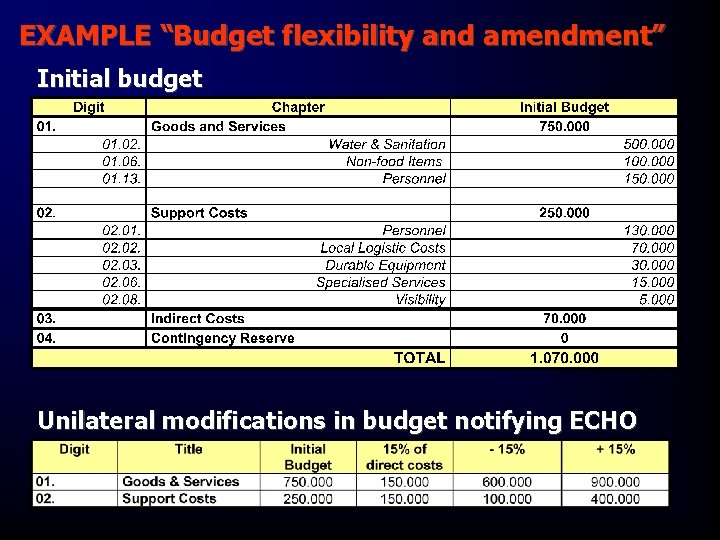 EXAMPLE “Budget flexibility and amendment” Initial budget Unilateral modifications in budget notifying ECHO 