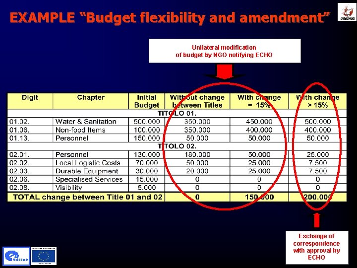 EXAMPLE “Budget flexibility and amendment” Unilateral modification of budget by NGO notifying ECHO Exchange