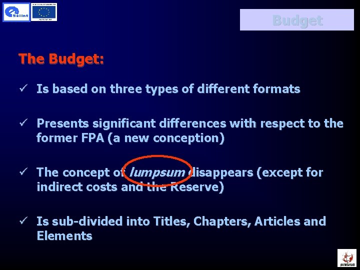 Budget The Budget: ü Is based on three types of different formats ü Presents