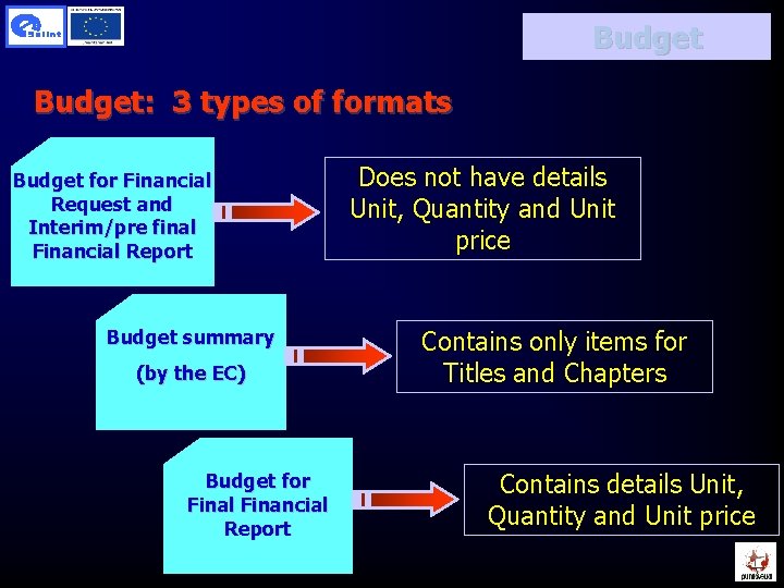Budget: 3 types of formats Budget for Financial Request and Interim/pre final Financial Report
