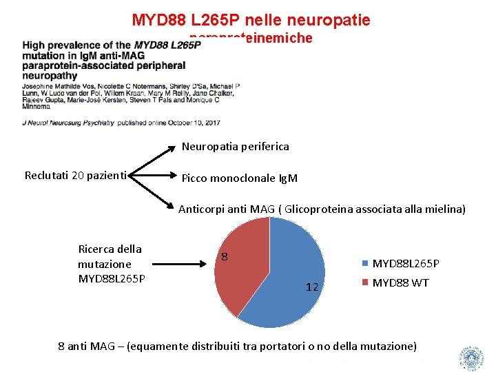 MYD 88 L 265 P nelle neuropatie paraproteinemiche Neuropatia periferica Reclutati 20 pazienti Picco