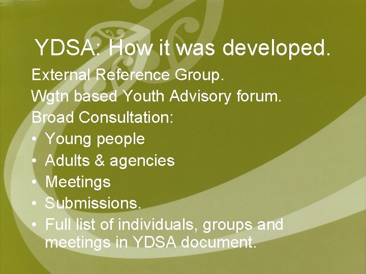 YDSA: How it was developed. External Reference Group. Wgtn based Youth Advisory forum. Broad