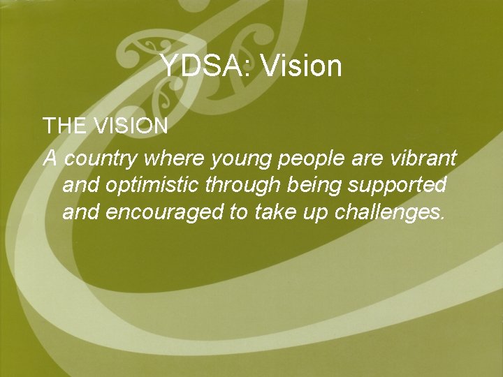 YDSA: Vision THE VISION A country where young people are vibrant and optimistic through