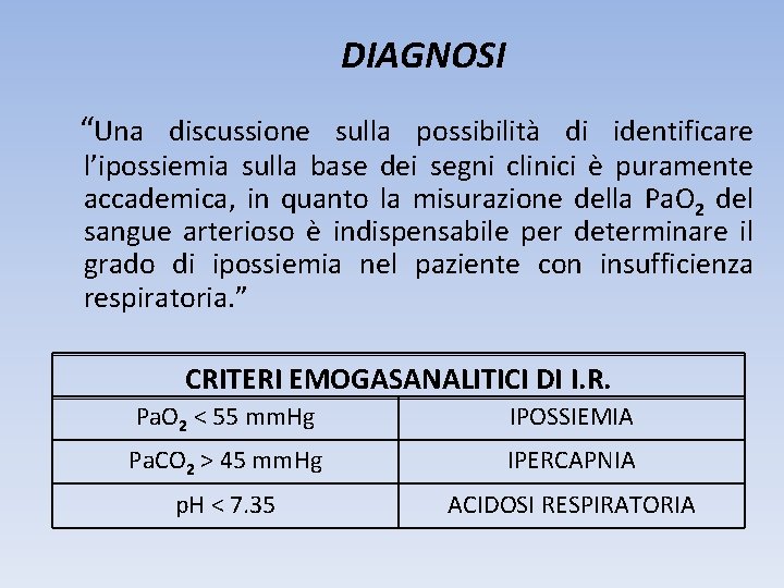 DIAGNOSI “Una discussione sulla possibilità di identificare l’ipossiemia sulla base dei segni clinici è