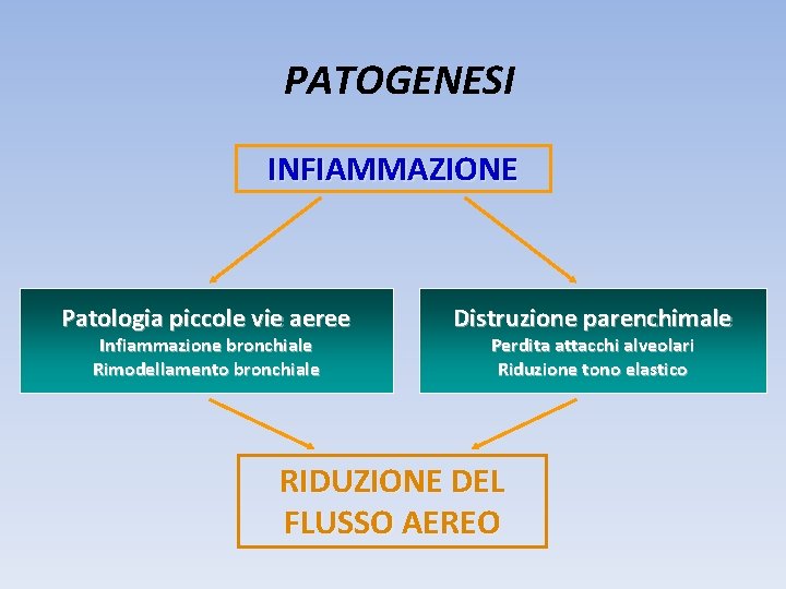 PATOGENESI INFIAMMAZIONE Patologia piccole vie aeree Infiammazione bronchiale Rimodellamento bronchiale Distruzione parenchimale Perdita attacchi PATOGENESI INFIAMMAZIONE Patologia piccole vie aeree Infiammazione bronchiale Rimodellamento bronchiale Distruzione parenchimale Perdita attacchi