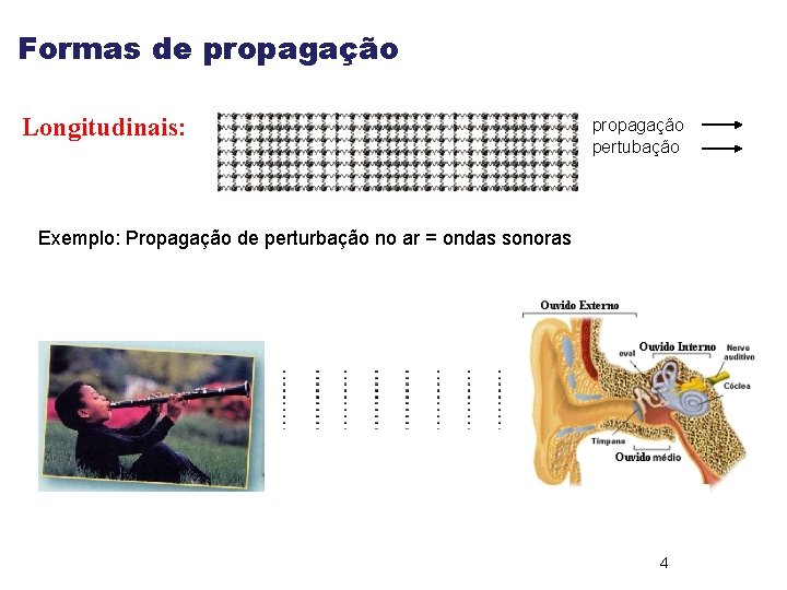 Formas de propagação Longitudinais: propagação pertubação Exemplo: Propagação de perturbação no ar = ondas