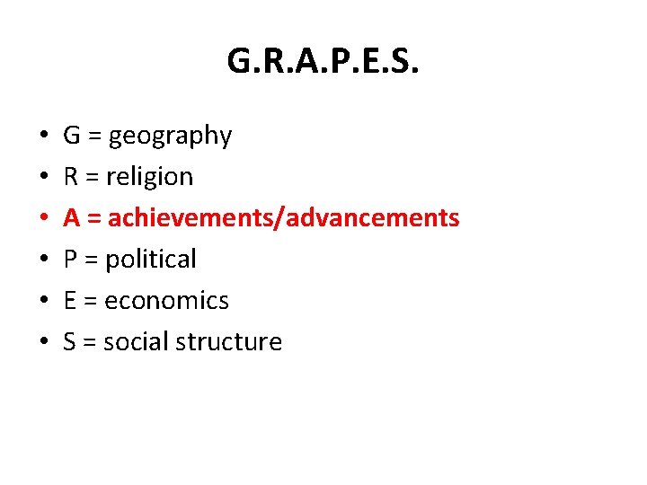 G. R. A. P. E. S. • • • G = geography R =