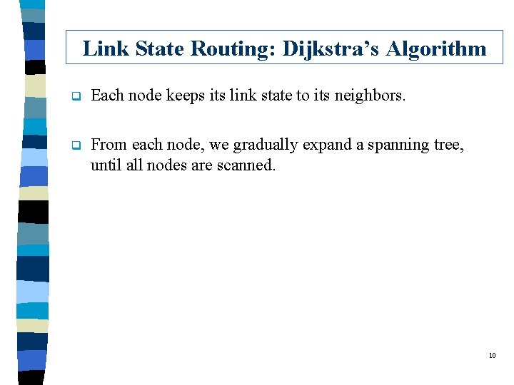 Link State Routing: Dijkstra’s Algorithm q Each node keeps its link state to its
