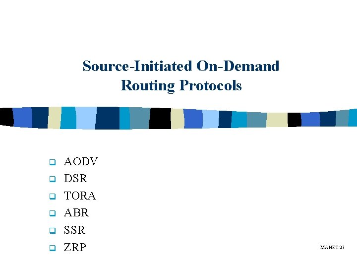 Source-Initiated On-Demand Routing Protocols q q q AODV DSR TORA ABR SSR ZRP MANET: