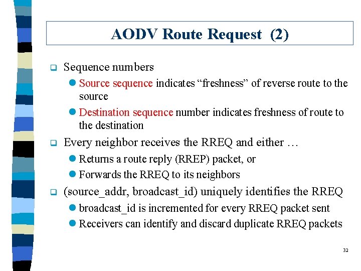 AODV Route Request (2) q Sequence numbers l Source sequence indicates “freshness” of reverse