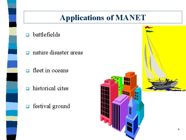 Applications of MANET q battlefields q nature disaster areas q fleet in oceans q