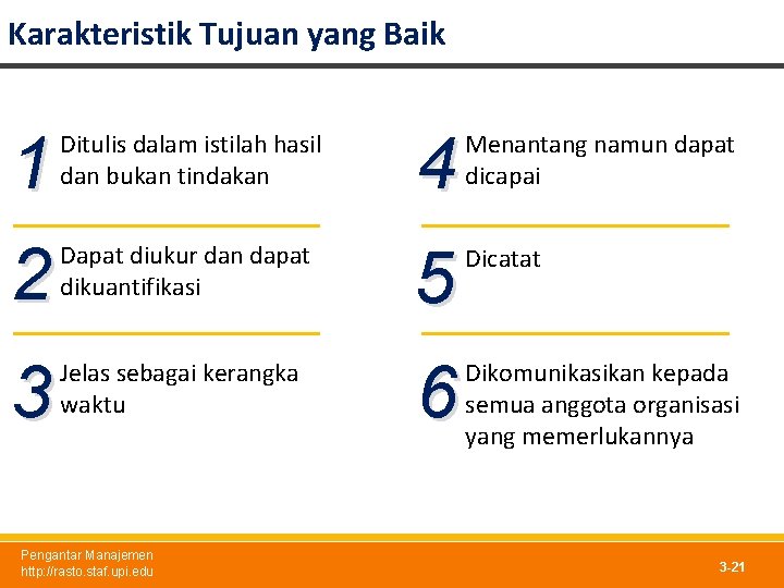 Karakteristik Tujuan yang Baik 1 Ditulis dalam istilah hasil dan bukan tindakan 4 Menantang