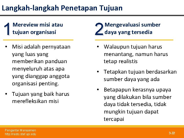 Langkah-langkah Penetapan Tujuan 1 Mereview misi atau tujuan organisasi • Misi adalah pernyataan yang