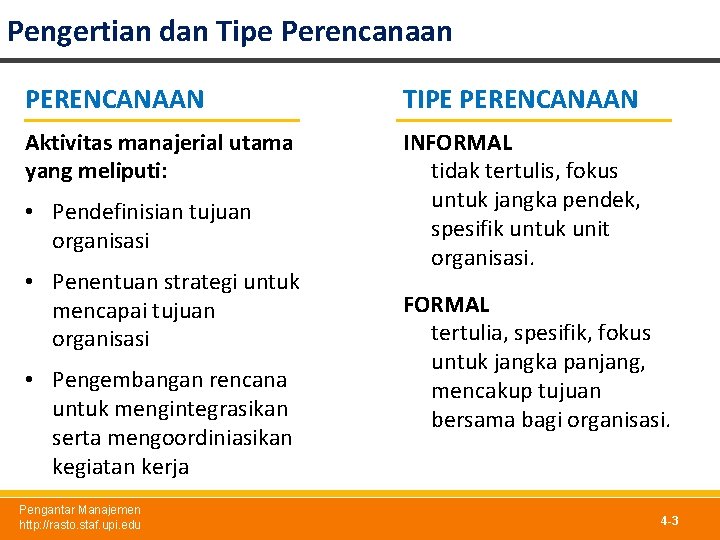 Pengertian dan Tipe Perencanaan PERENCANAAN TIPE PERENCANAAN Aktivitas manajerial utama yang meliputi: INFORMAL tidak