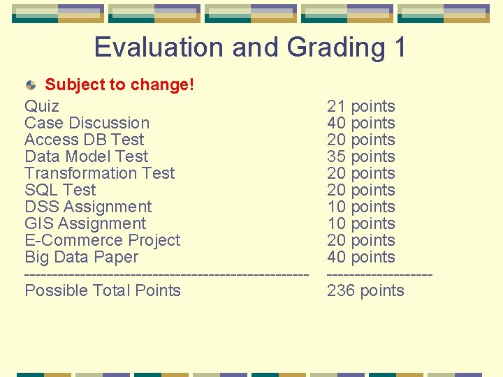 Evaluation and Grading 1 Subject to change! Quiz Case Discussion Access DB Test Data