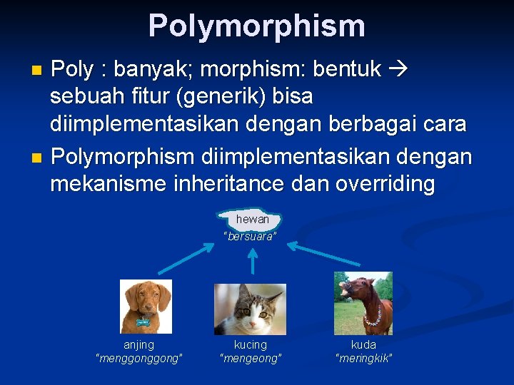 Polymorphism Poly : banyak; morphism: bentuk sebuah fitur (generik) bisa diimplementasikan dengan berbagai cara