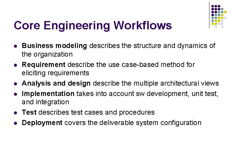 Core Engineering Workflows l l l Business modeling describes the structure and dynamics of Core Engineering Workflows l l l Business modeling describes the structure and dynamics of