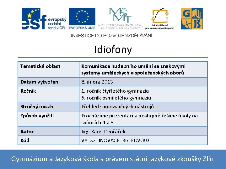 Idiofony Tematická oblast Komunikace hudebního umění se znakovými systémy uměleckých a společenských oborů Datum