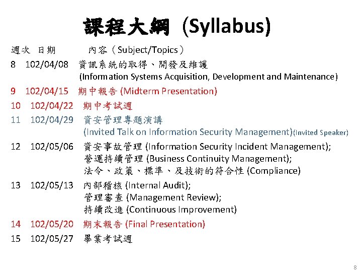 課程大綱 (Syllabus) 週次 日期 內容（Subject/Topics） 8 102/04/08 資訊系統的取得、開發及維護 (Information Systems Acquisition, Development and Maintenance)