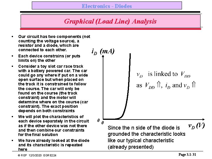 Electronics - Diodes Graphical (Load Line) Analysis § § § Our circuit has two