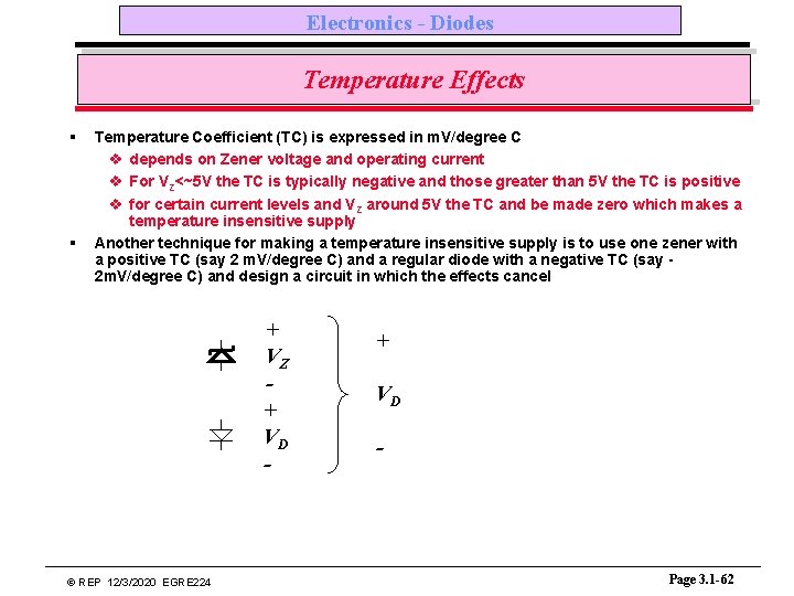 Electronics - Diodes Temperature Effects § § Temperature Coefficient (TC) is expressed in m.