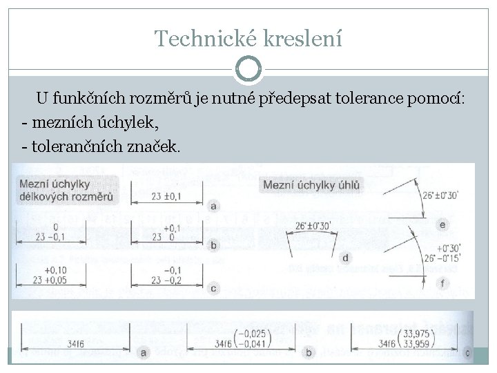 Technické kreslení U funkčních rozměrů je nutné předepsat tolerance pomocí: - mezních úchylek, -