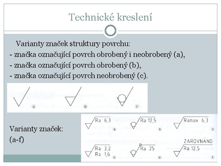 Technické kreslení Varianty značek struktury povrchu: - značka označující povrch obrobený i neobrobený (a),