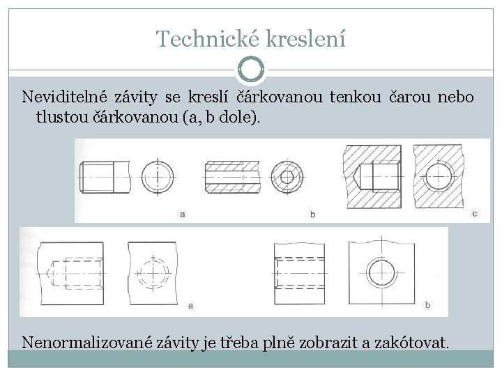 Technické kreslení Neviditelné závity se kreslí čárkovanou tenkou čarou nebo tlustou čárkovanou (a, b