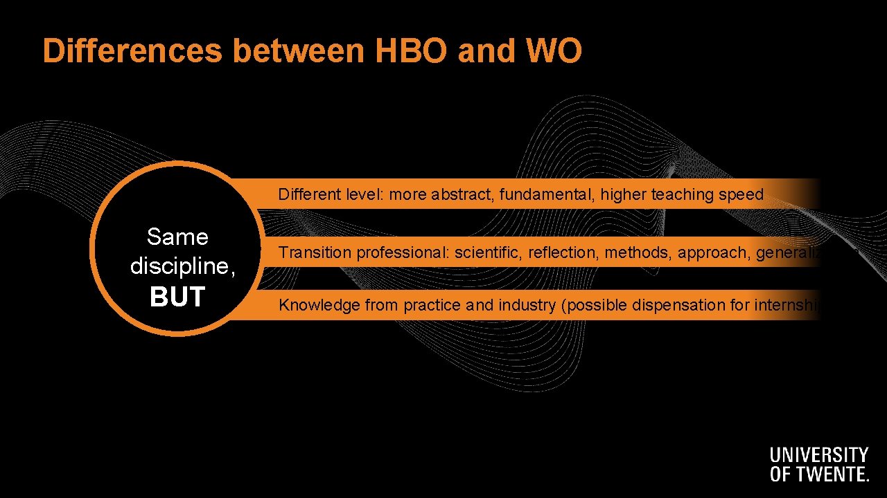 Differences between HBO and WO Different level: more abstract, fundamental, higher teaching speed Same Differences between HBO and WO Different level: more abstract, fundamental, higher teaching speed Same