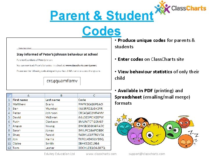Parent & Student Codes • Produce unique codes for parents & students • Enter Parent & Student Codes • Produce unique codes for parents & students • Enter