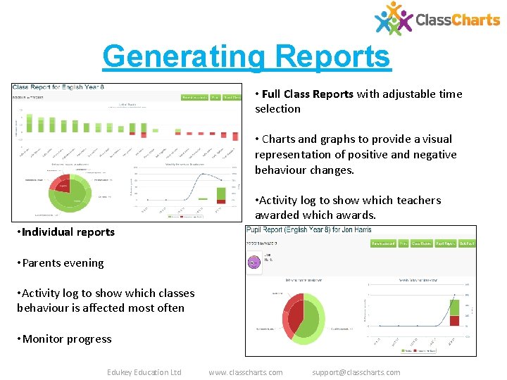 Generating Reports • Full Class Reports with adjustable time selection • Charts and graphs Generating Reports • Full Class Reports with adjustable time selection • Charts and graphs