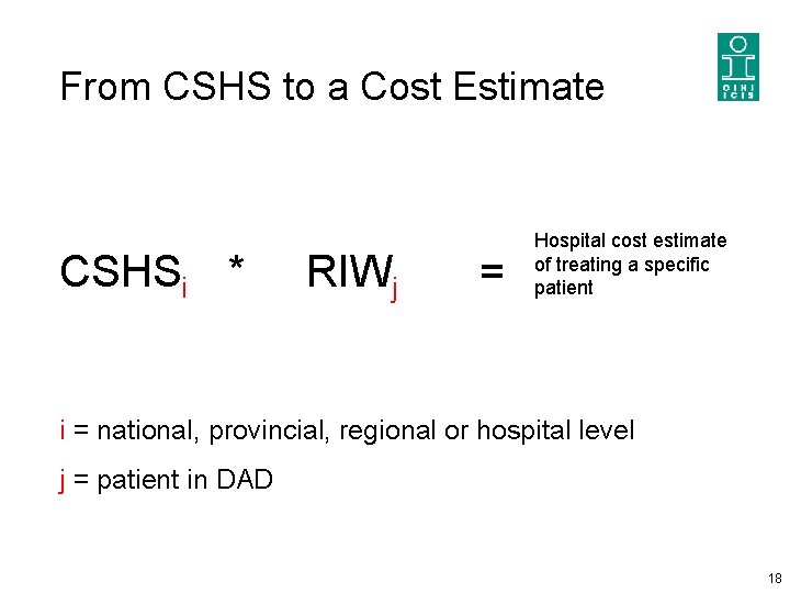 From CSHS to a Cost Estimate CSHSi * RIWj = Hospital cost estimate of From CSHS to a Cost Estimate CSHSi * RIWj = Hospital cost estimate of