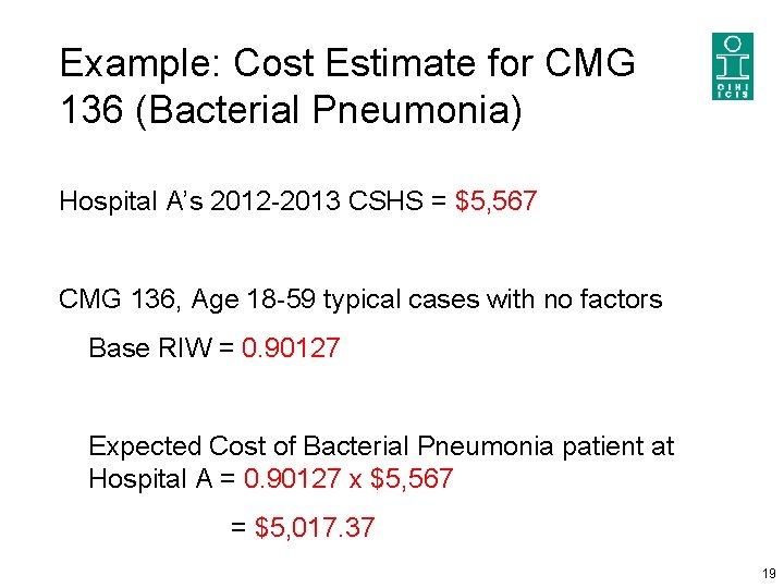 Example: Cost Estimate for CMG 136 (Bacterial Pneumonia) Hospital A’s 2012 -2013 CSHS = Example: Cost Estimate for CMG 136 (Bacterial Pneumonia) Hospital A’s 2012 -2013 CSHS =
