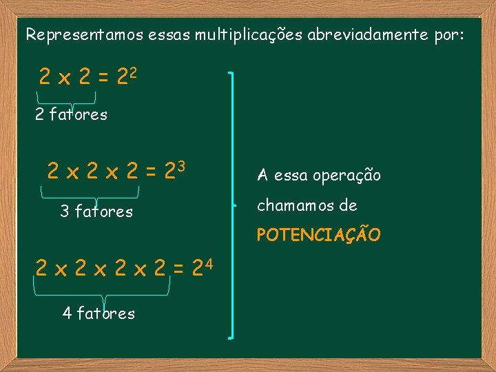 Representamos essas multiplicações abreviadamente por: 2 x 2 = 22 2 fatores 2 x