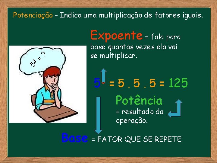 Potenciação - Indica uma multiplicação de fatores iguais. Expoente = fala para 3 5