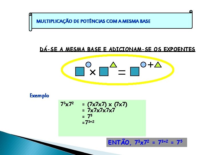 MULTIPLICAÇÃO DE POTÊNCIAS COM A MESMA BASE DÁ-SE A MESMA BASE E ADICIONAM-SE OS