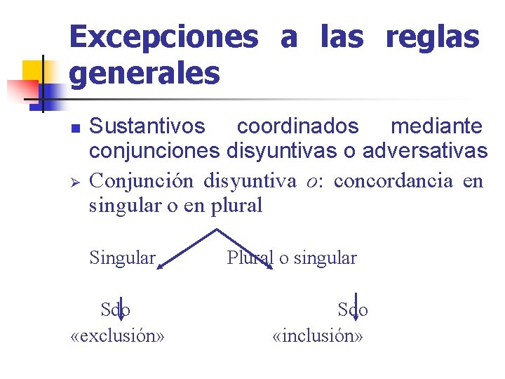 Excepciones a las reglas generales n Ø Sustantivos coordinados mediante conjunciones disyuntivas o adversativas