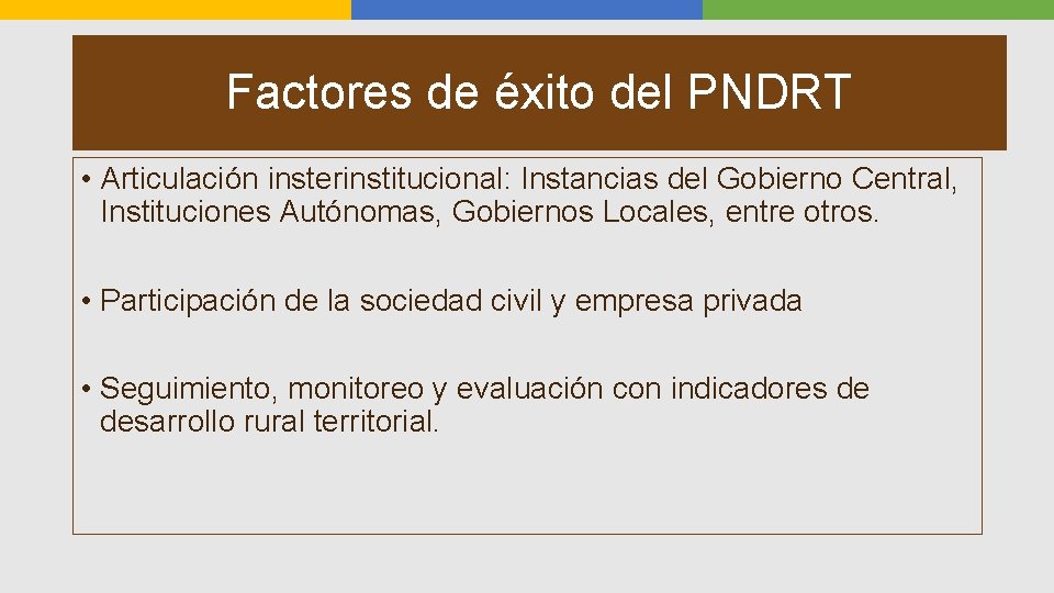 Factores de éxito del PNDRT • Articulación insterinstitucional: Instancias del Gobierno Central, Instituciones Autónomas,